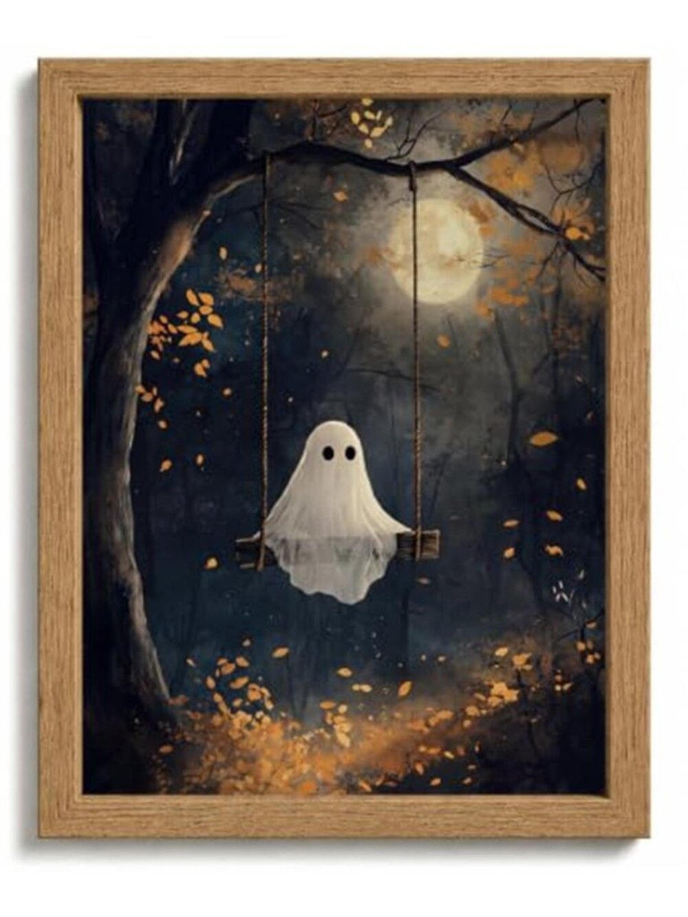Framed Spooky Ghost Halloween Wall Art,Gothic Moonlight Forest Painting Picture